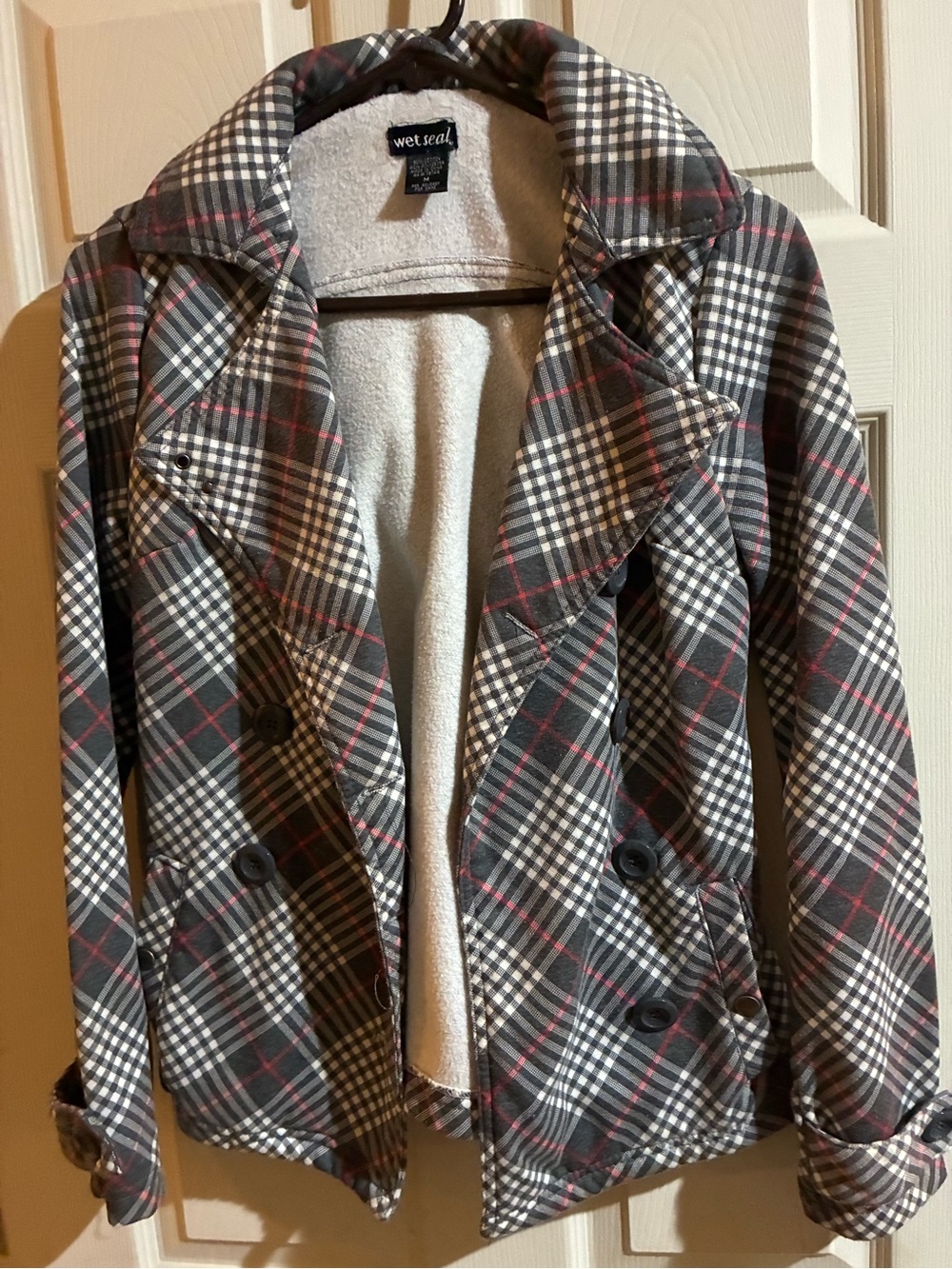 Wet Seal Gray Plaid Double-Breasted Peacoat with Red Accents